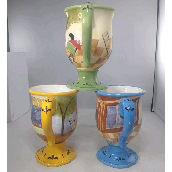 Jennifer Brinley Bistro Coffe Mug Cup Certified International Pedestal Set Of 3 - Picture 2 of 16